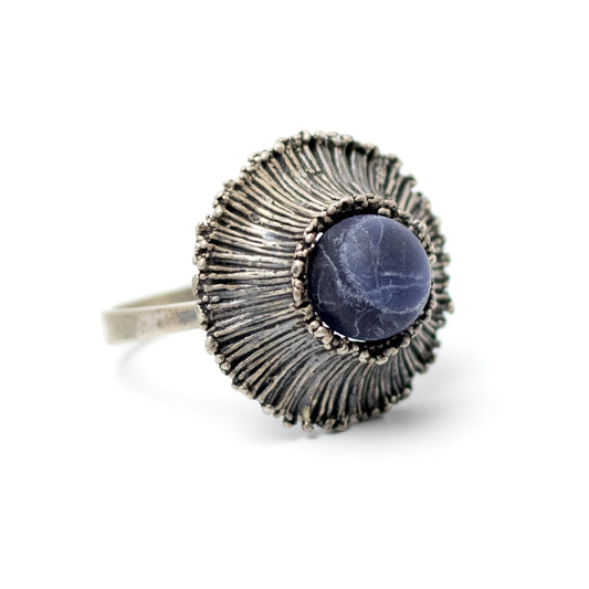 Theodor Fahrner Brutalist Sterling Silver Ring with Matte Sodalite