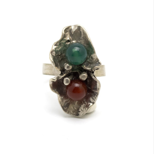 RELO Vintage Brutalist Silver Ring with Carnelian and Chrysoprase