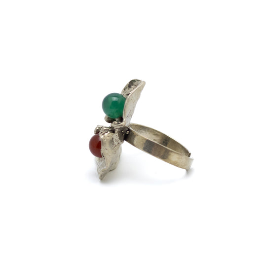 RELO Vintage Brutalist Silver Ring with Carnelian and Chrysoprase