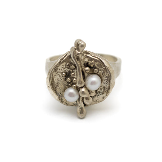 PERLI German Brutalist Vintage Silver Ring with Pearls