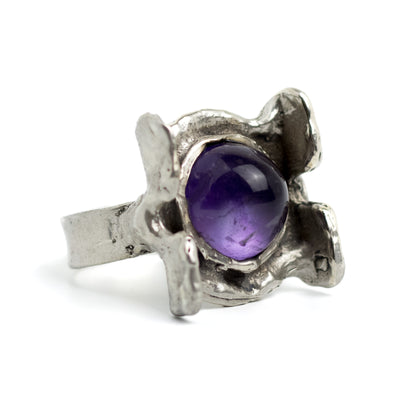 Monika and Burkhard OLY Vintage Brutalist Silver Ring with Amethyst
