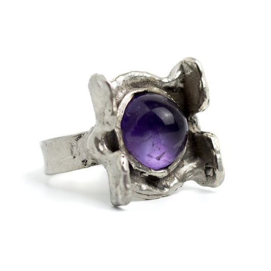 Monika and Burkhard OLY Vintage Brutalist Silver Ring with Amethyst