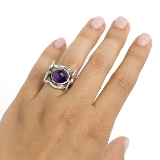 Monika and Burkhard OLY Vintage Brutalist Silver Ring with Amethyst