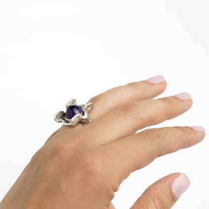 Monika and Burkhard OLY Vintage Brutalist Silver Ring with Amethyst