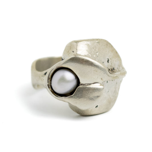 Monika and Burkhard OLY Vintage Brutalist Silver Ring with Pearl