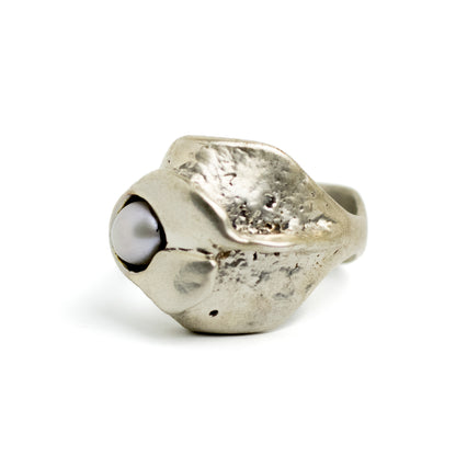 Monika and Burkhard OLY Vintage Brutalist Silver Ring with Pearl