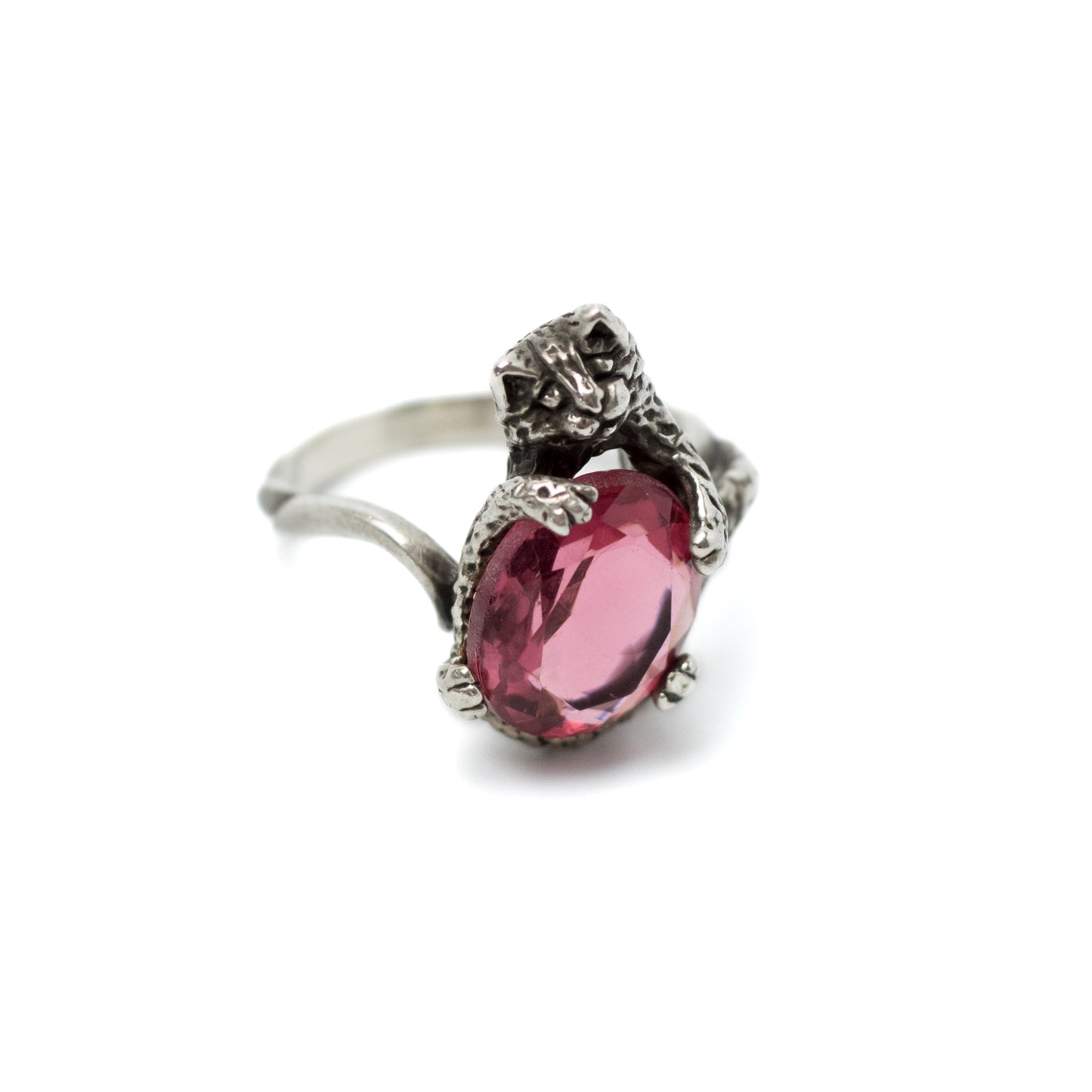 Silver Ring Featuring Cat with Pink Crystal