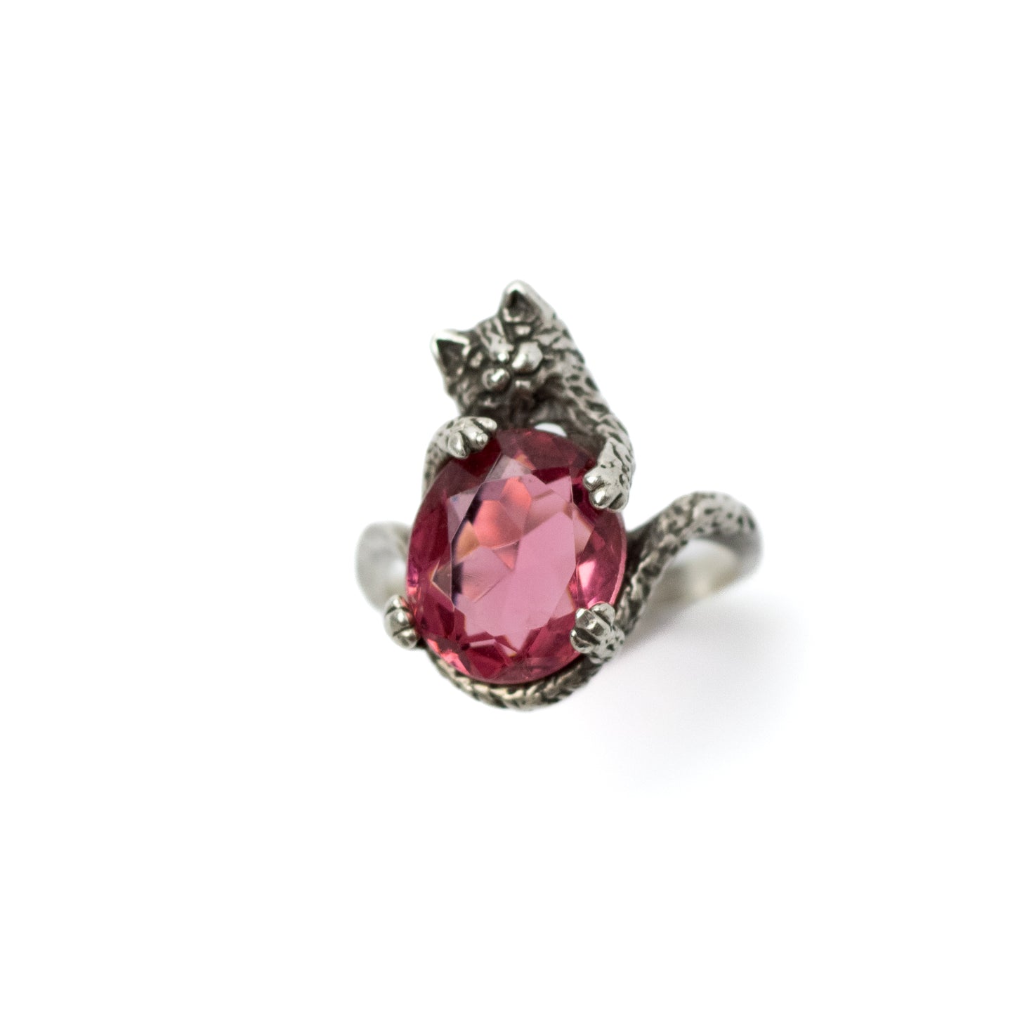 Silver Ring Featuring Cat with Pink Crystal