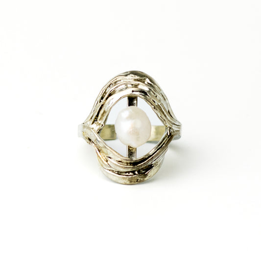 Perli Germany Brutalist Sterling Silver Ring with Natural Pearl