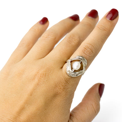 Perli Germany Brutalist Sterling Silver Ring with Natural Pearl