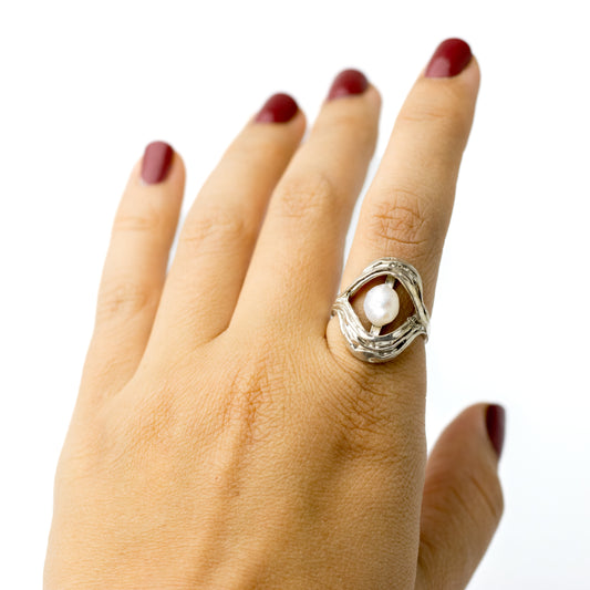 Perli Germany Brutalist Sterling Silver Ring with Natural Pearl