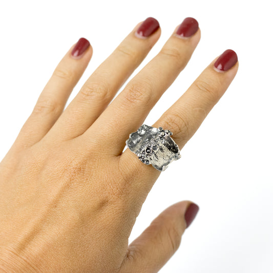 TEKA German Brutalist Silver Ring with Sculptural Textured Design