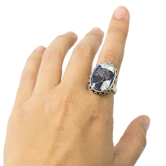 Vintage Silver Cloisonné Enamel Ring With Greek Woman Motif