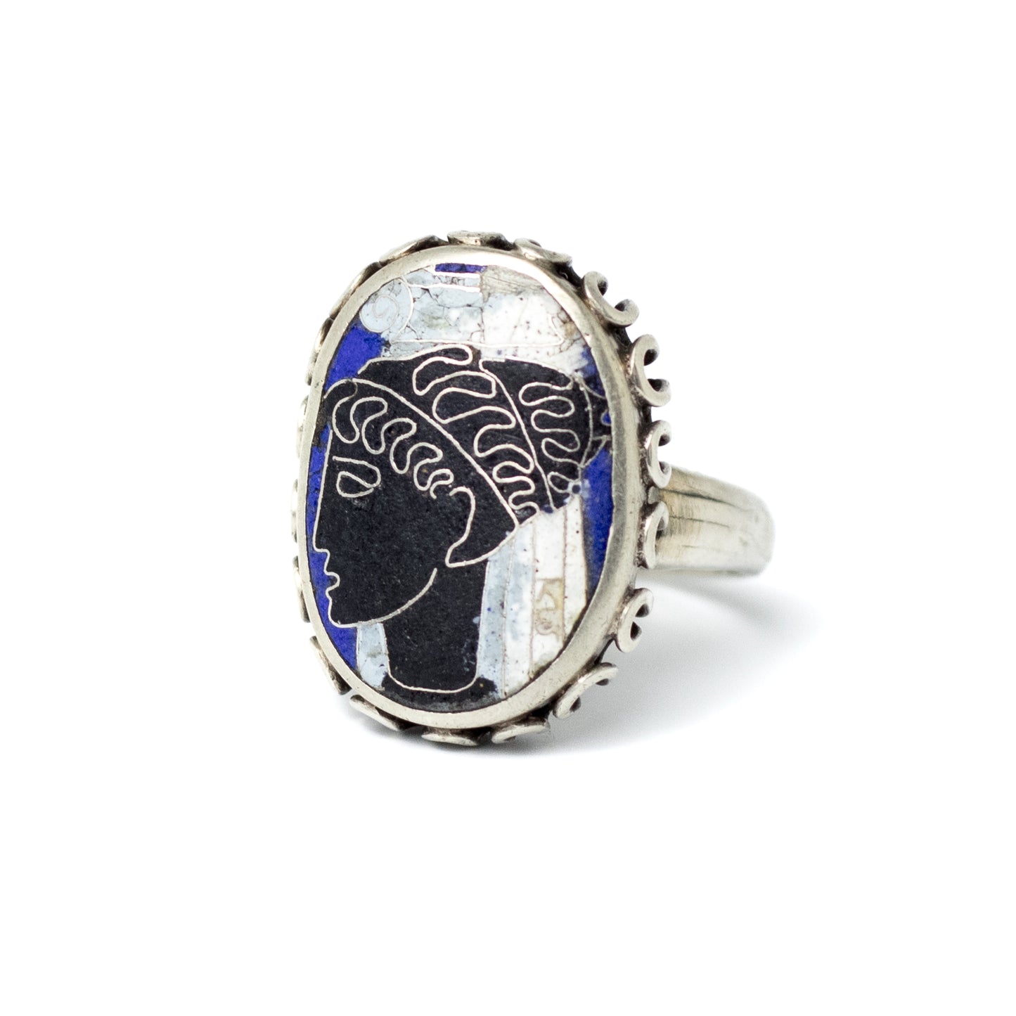 Vintage Silver Cloisonné Enamel Ring With Greek Woman Motif