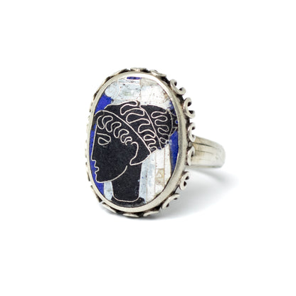 Vintage Silver Cloisonné Enamel Ring With Greek Woman Motif
