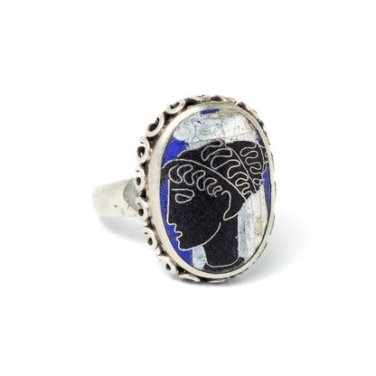 Vintage Silver Cloisonné Enamel Ring With Greek Woman Motif