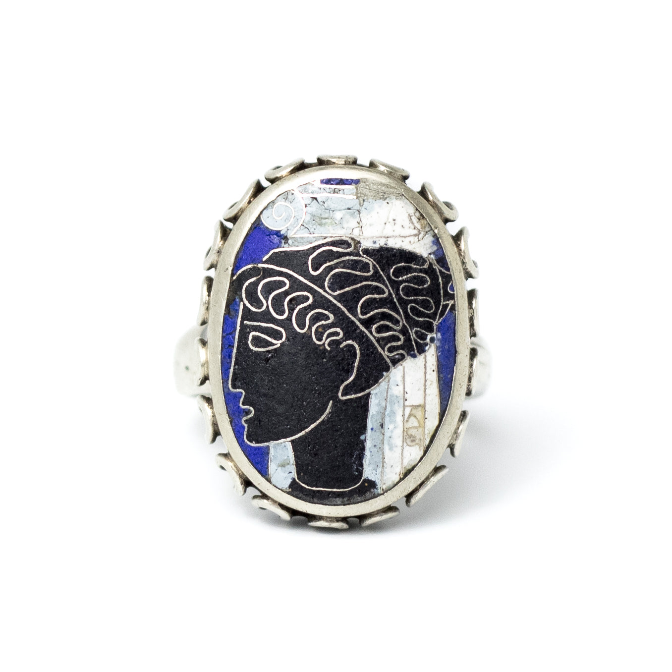 Vintage Silver Cloisonné Enamel Ring With Greek Woman Motif