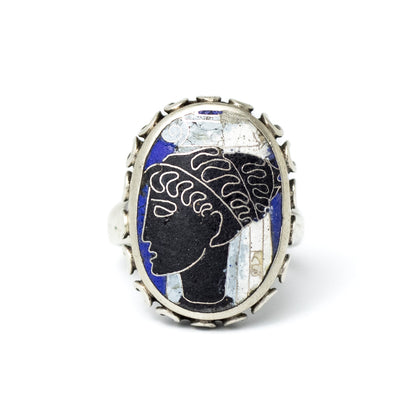 Vintage Silver Cloisonné Enamel Ring With Greek Woman Motif