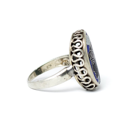 Vintage Silver Cloisonné Enamel Ring With Greek Woman Motif