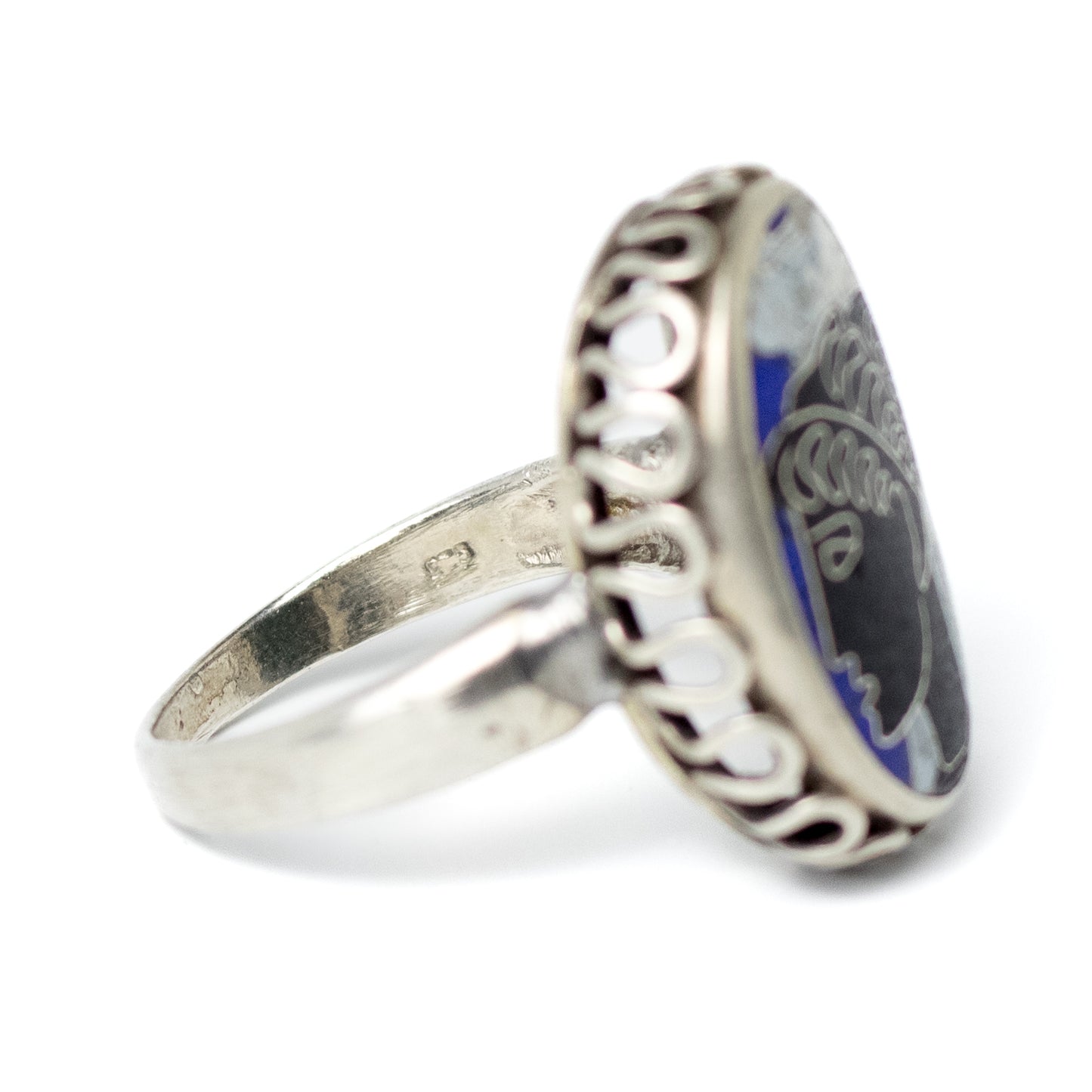 Vintage Silver Cloisonné Enamel Ring With Greek Woman Motif