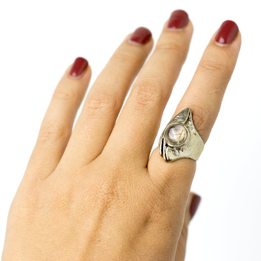 Monika & Burkhard OLY German Brutalist Silver Ring with Rutilated Quartz
