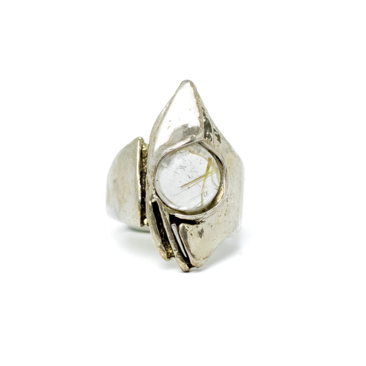 Monika & Burkhard OLY German Brutalist Silver Ring with Rutilated Quartz