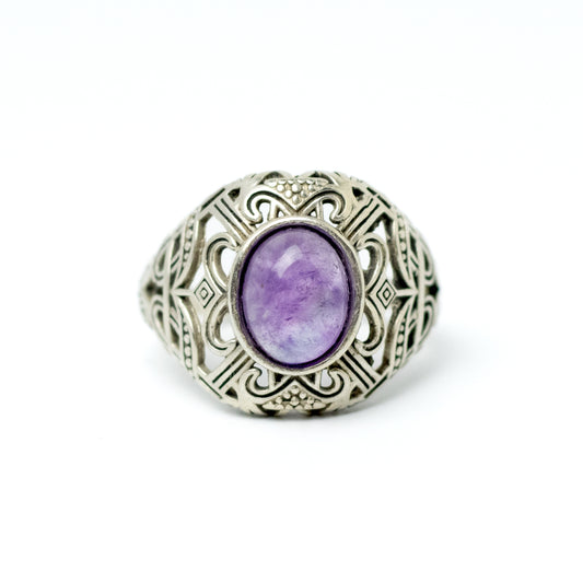 Art Deco Geometric Sterling Silver Ring with Amethyst