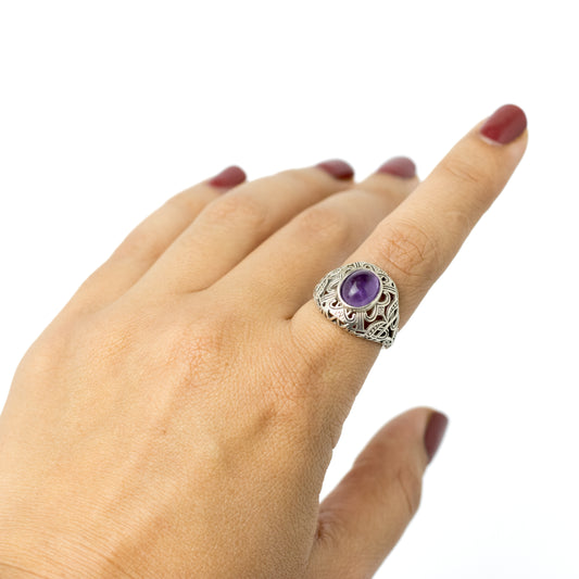 Art Deco Geometric Sterling Silver Ring with Amethyst