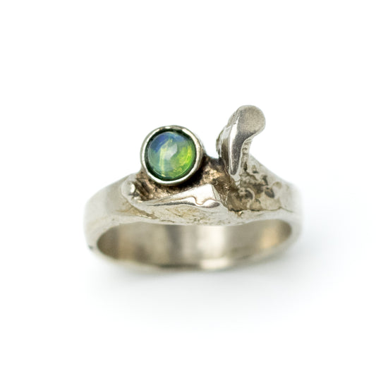 Vintage Brutalist Silver Ring with Natural Opal