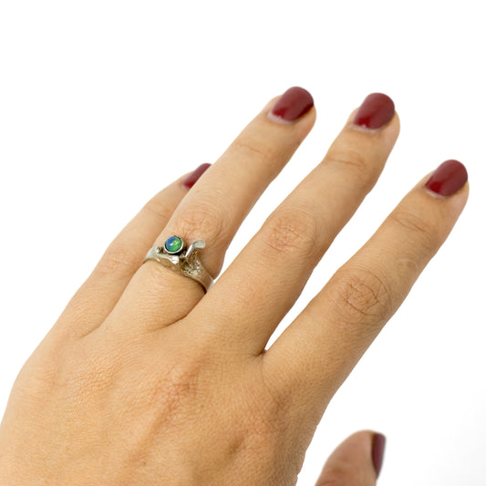 Vintage Brutalist Silver Ring with Natural Opal