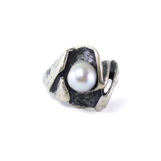 Monika & Burkhard OLY Vintage Statement Brutalist Silver Ring With Pearl