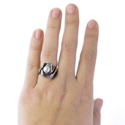 Monika & Burkhard OLY Vintage Statement Brutalist Silver Ring With Pearl