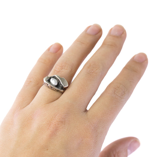 Vintage Brutalist Silver Ring with Pearl
