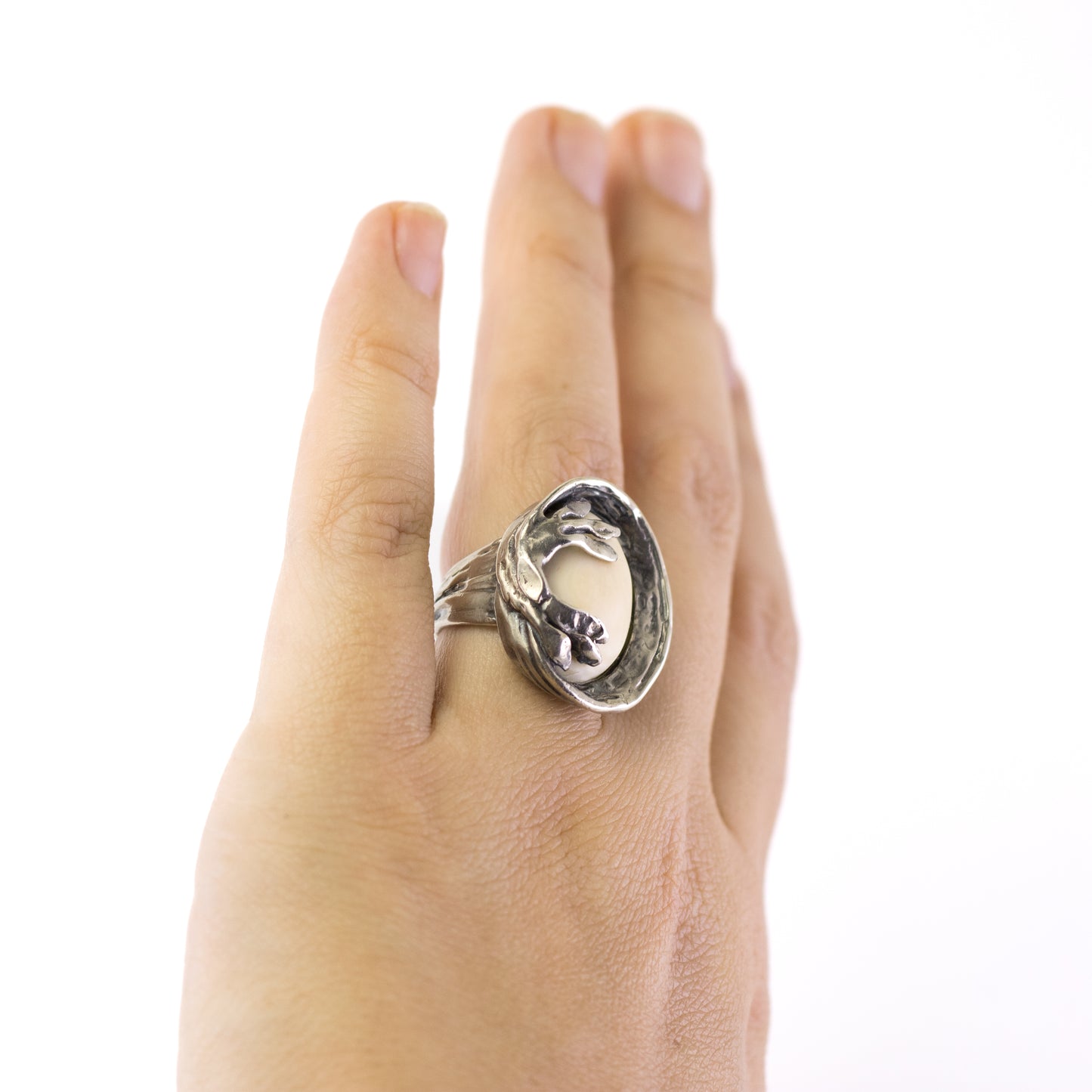 Vintage Silver Statement Ring By Perli in Naturalistic Design