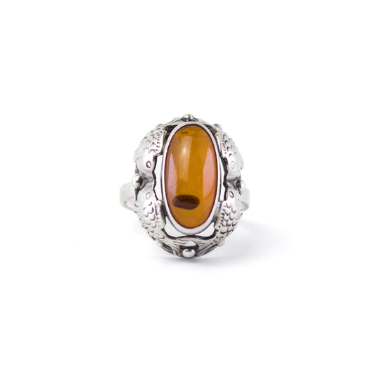 Vintage Fischland Silberring mit Bernstein- und Fischmotiv