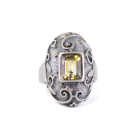 Art Deco Style Vintage Silver Ring With Citrine And Leaf Ornament