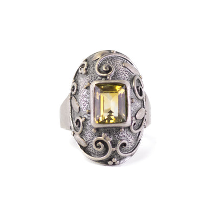 Art Deco Style Vintage Silver Ring With Citrine And Leaf Ornament