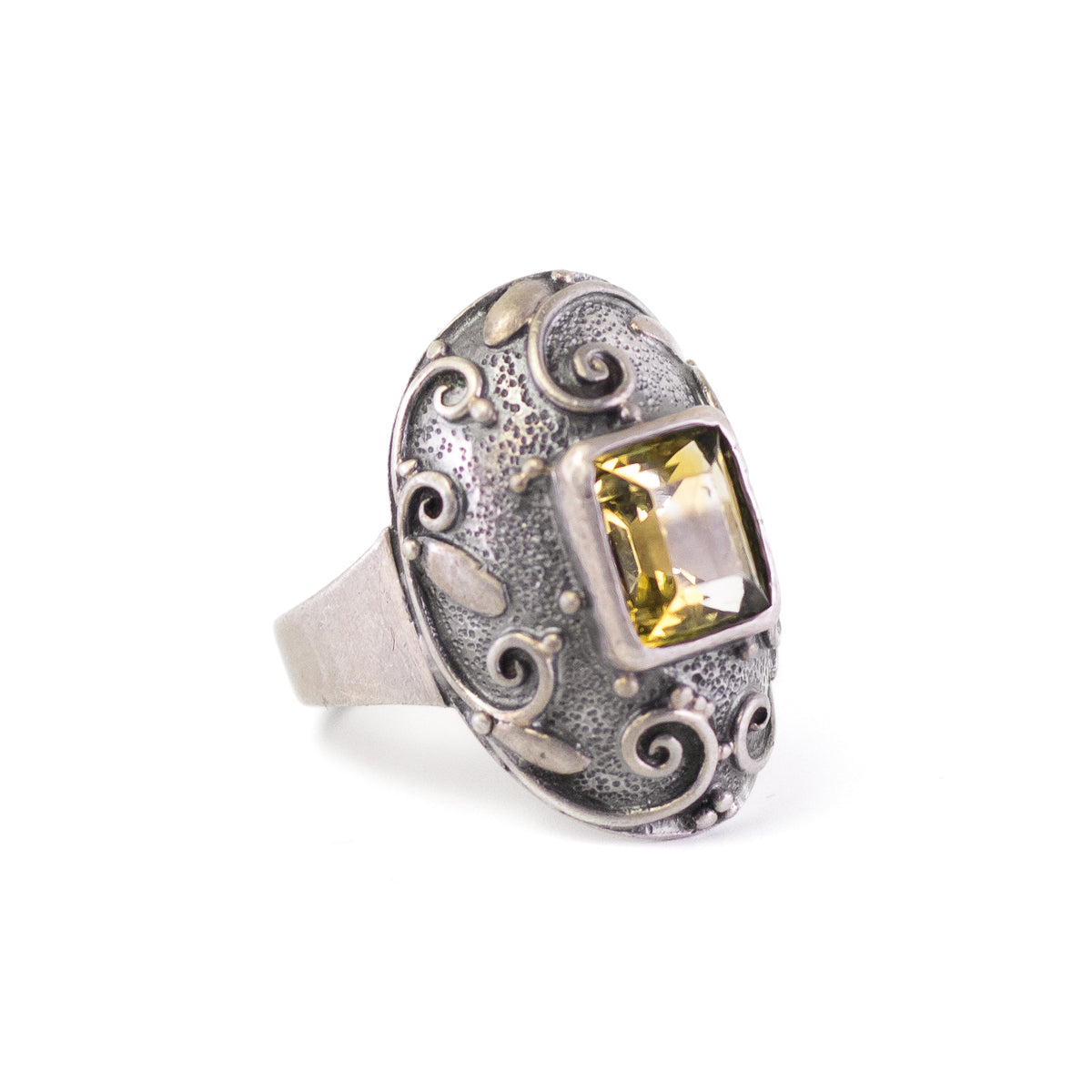 Art Deco Style Vintage Silver Ring With Citrine And Leaf Ornament