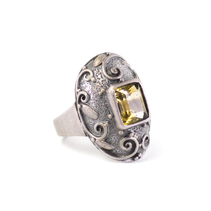 Art Deco Style Vintage Silver Ring With Citrine And Leaf Ornament