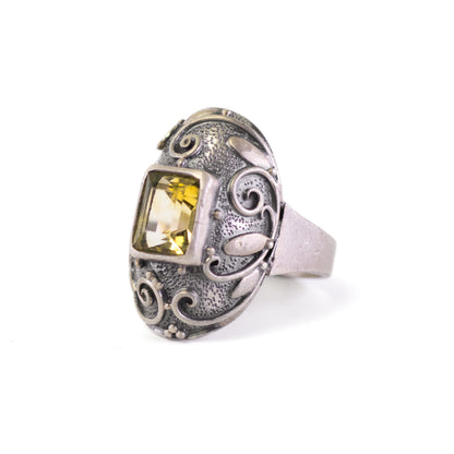 Art Deco Style Vintage Silver Ring With Citrine And Leaf Ornament