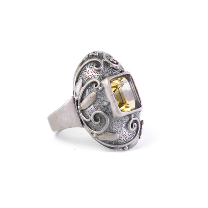 Art Deco Style Vintage Silver Ring With Citrine And Leaf Ornament