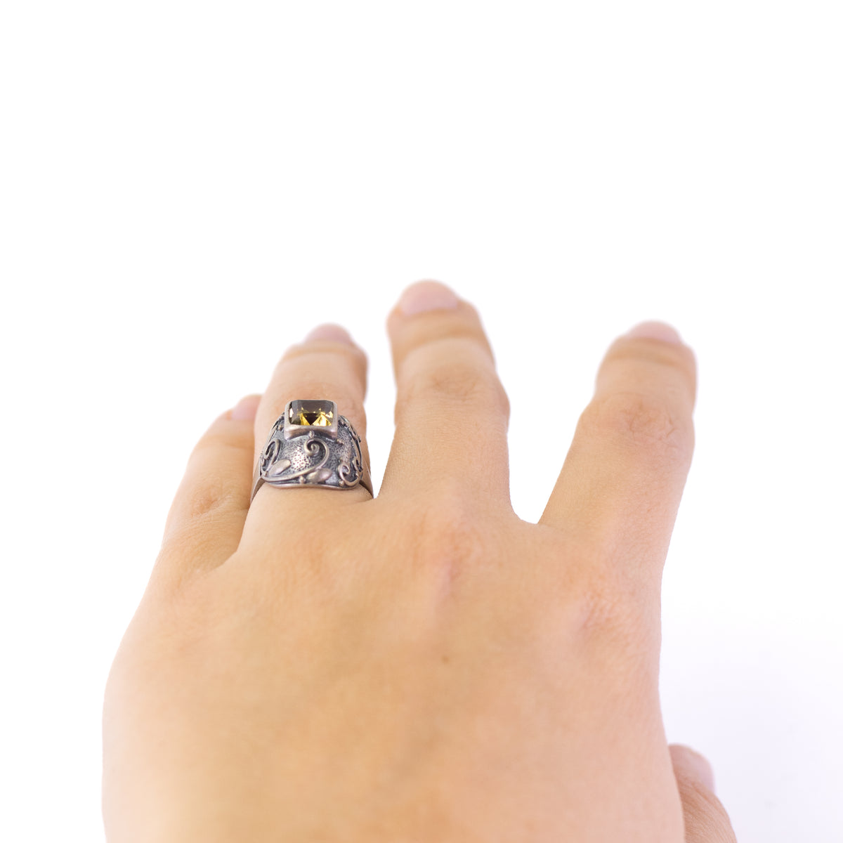 Art Deco Style Vintage Silver Ring With Citrine And Leaf Ornament