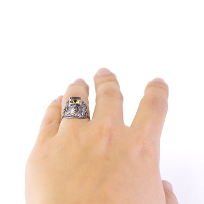 Art Deco Style Vintage Silver Ring With Citrine And Leaf Ornament
