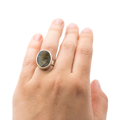 Finnish Silver Vintage Spectrolite Ring In Oval Bezel