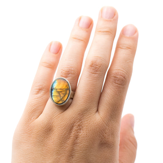 Finnish Silver Vintage Spectrolite Ring In Oval Bezel