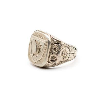 Antique Men's Signet Ring With Ornate Band, Vintage Heraldic Jewelry