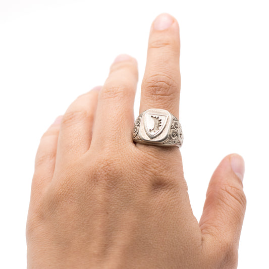 Antique Men's Signet Ring With Ornate Band, Vintage Heraldic Jewelry