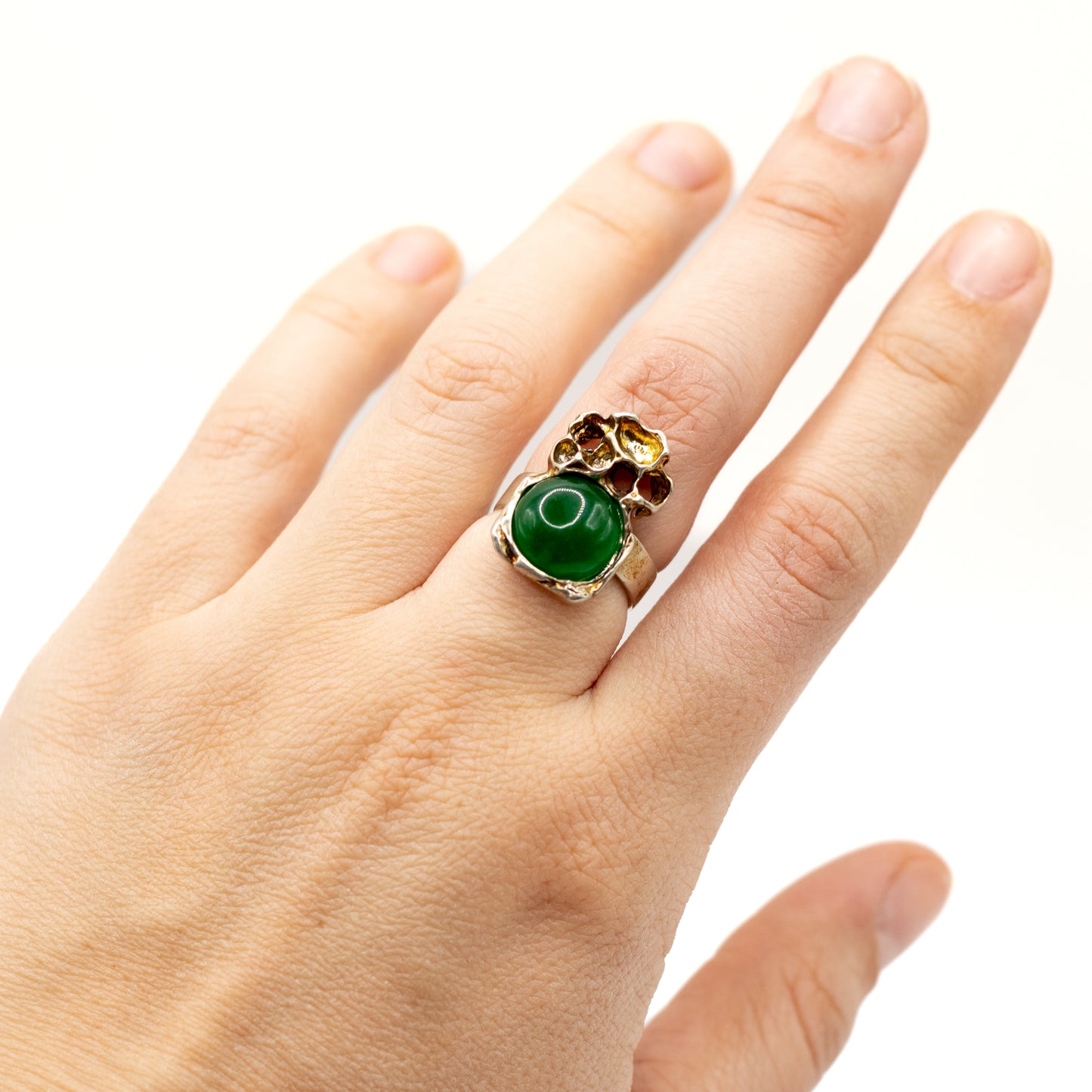 Brutalist Vintage Sterling Silver Ring with Green Chalcedony