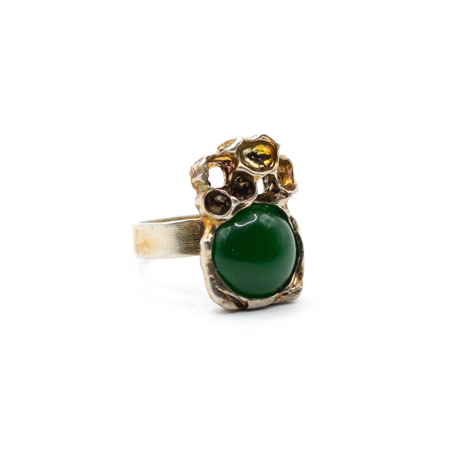 Brutalist Vintage Sterling Silver Ring with Green Chalcedony