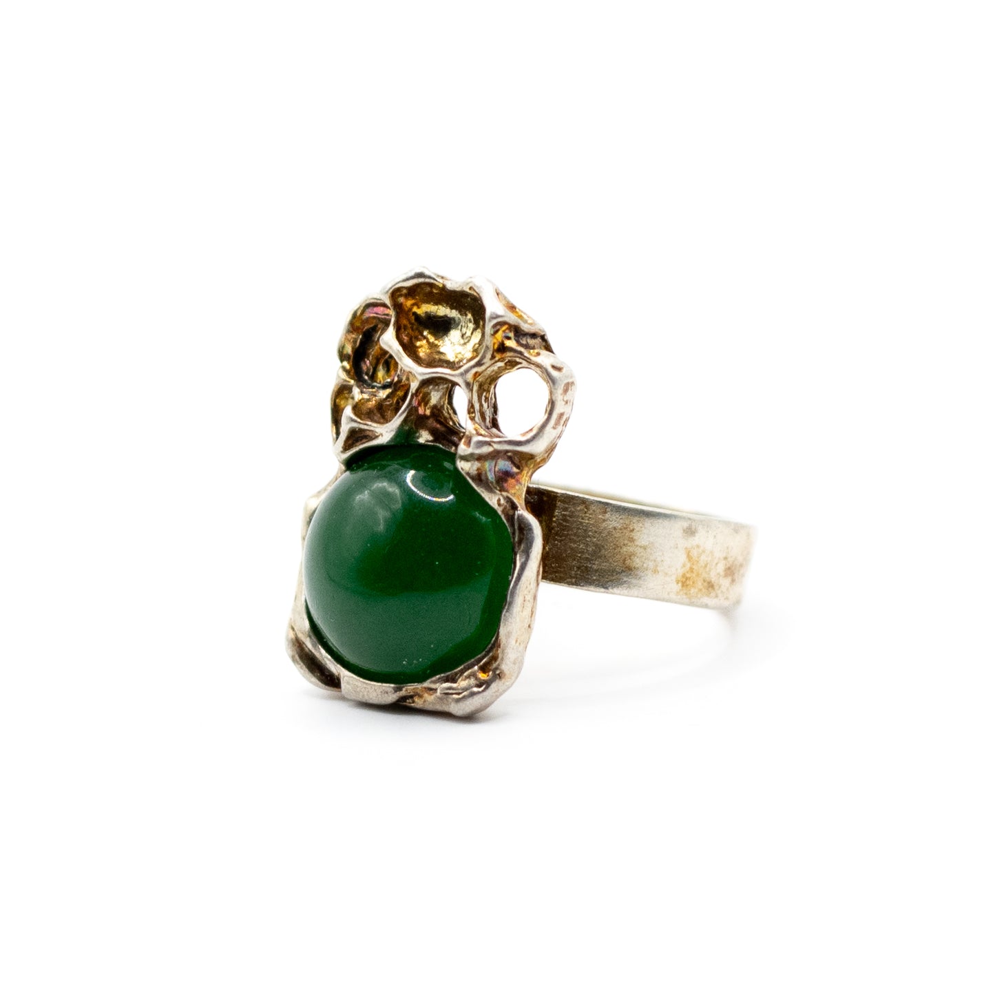 Brutalist Vintage Sterling Silver Ring with Green Chalcedony